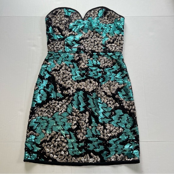 Soiéblu Strapless vintage Sequin Bodycon Dress Blue Silver Black size Small - Picture 1 of 7